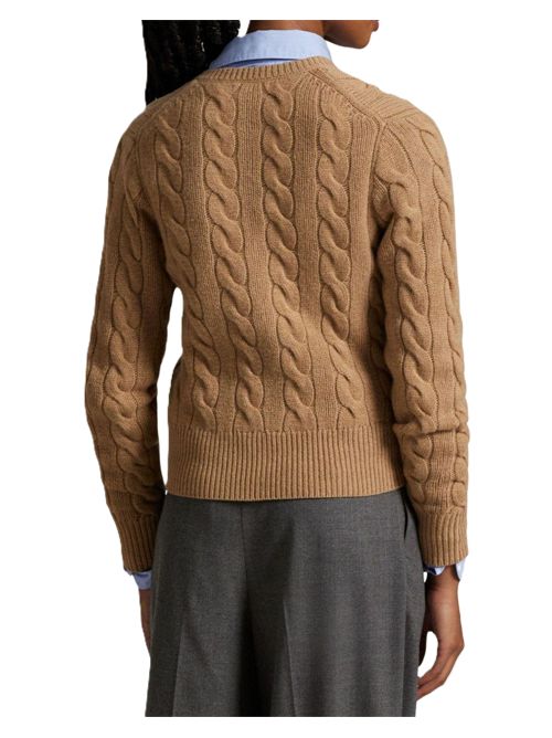 Cardigan girocollo in maglia di lana e cashmere a trecce color cammello con ricamo Pony Polo Ralph Lauren | 211-972104-001CAMEL MELANGE